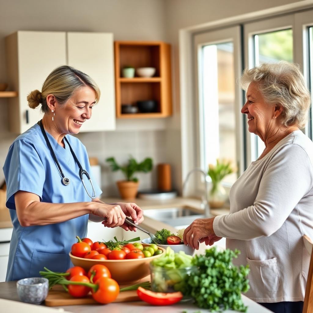 Caregiver preparing fresh meal with elderly client