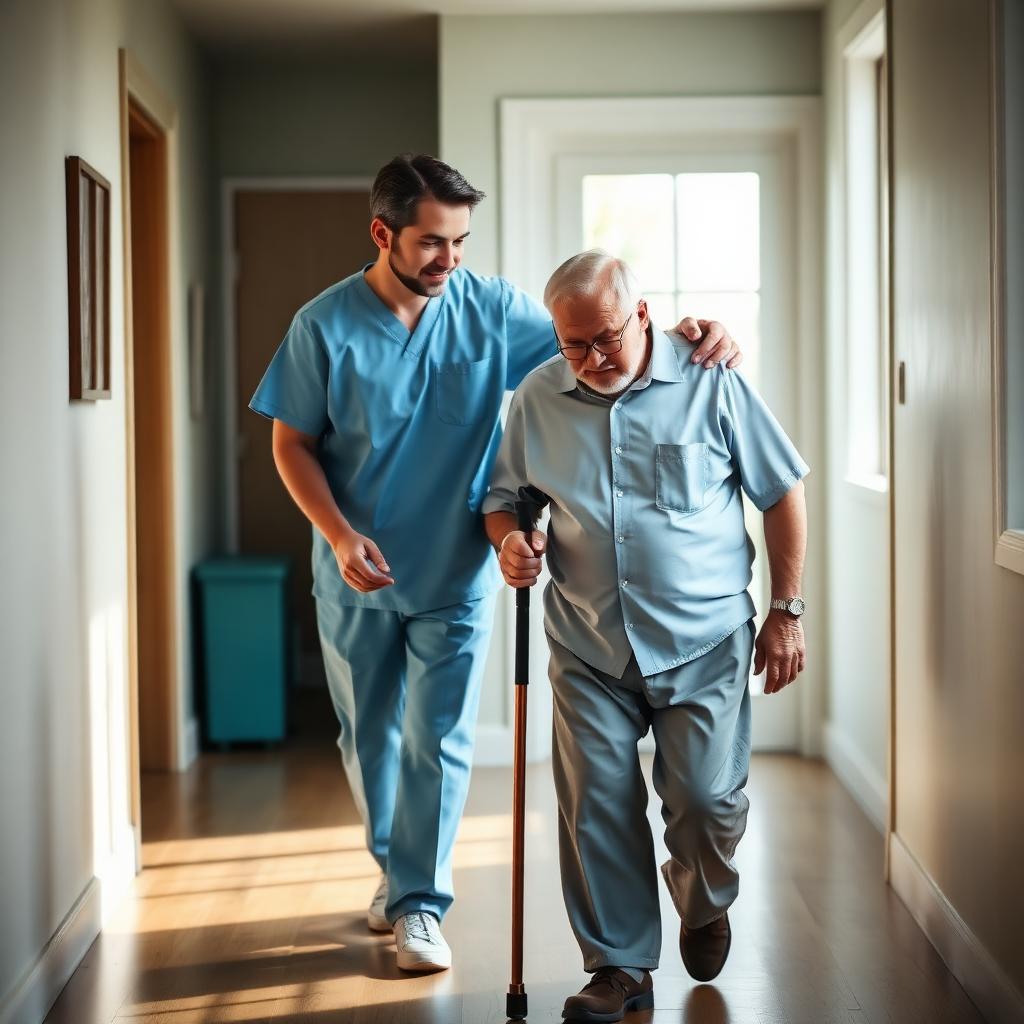 Caregiver supporting elderly man walking with a cane